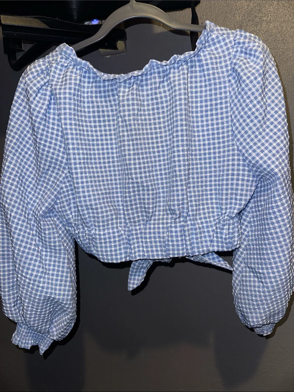 Zara Light Blue Gingham Tie-Front Peasant Blouse